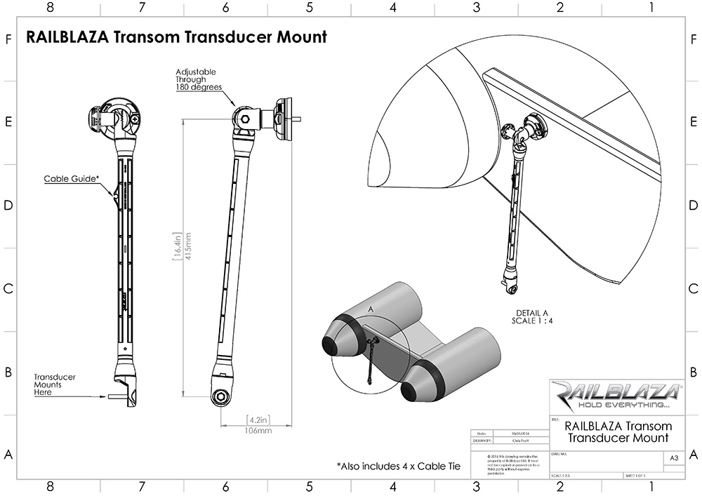 RAILBLAZA Kayak/Dinghy Transducer Arm XL 46cm