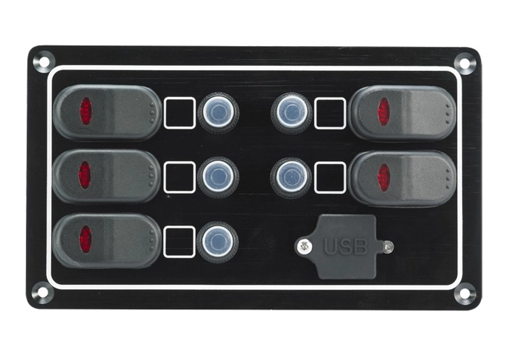 Waterproof Aluminium 5-Way Switch Panel with USB 12VDC Waterproof Aluminium 5-Way Switch Panel with USB 12VDC