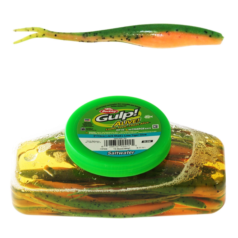 Berkley Gulp Alive Jerk Shad Soft Bait Tub 5in/13cm Lime Tiger Glow