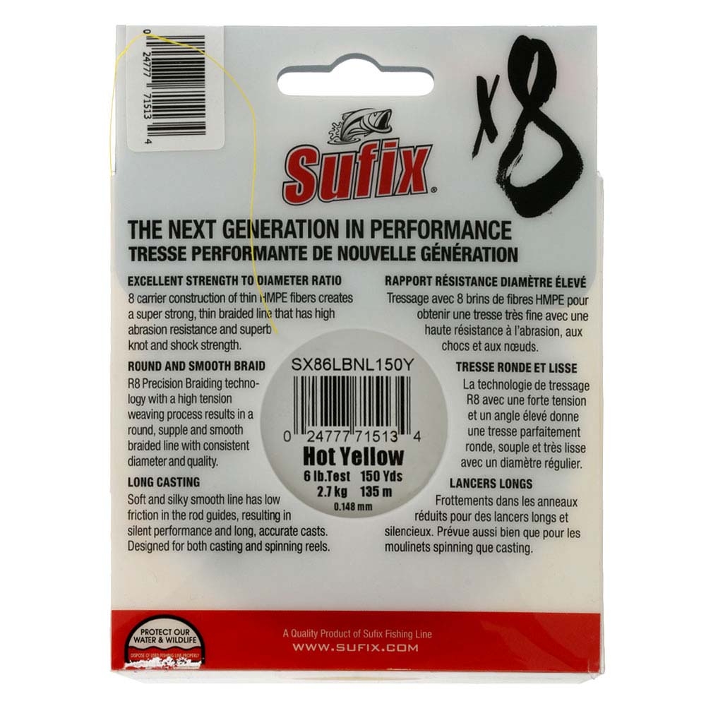 Sufix X8 8 Carrier Braid Neon Yellow 150yd 6lb