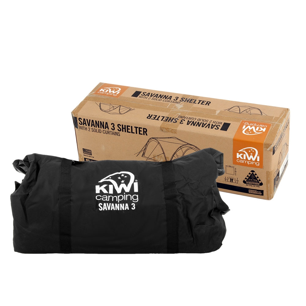 Kiwi Camping Savanna 3 Shelter with 2 Solid Curtains - Light use - brand new canopy