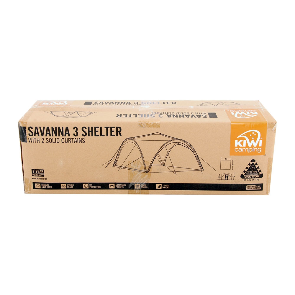 Kiwi Camping Savanna 3 Shelter with 2 Solid Curtains - Light use - brand new canopy
