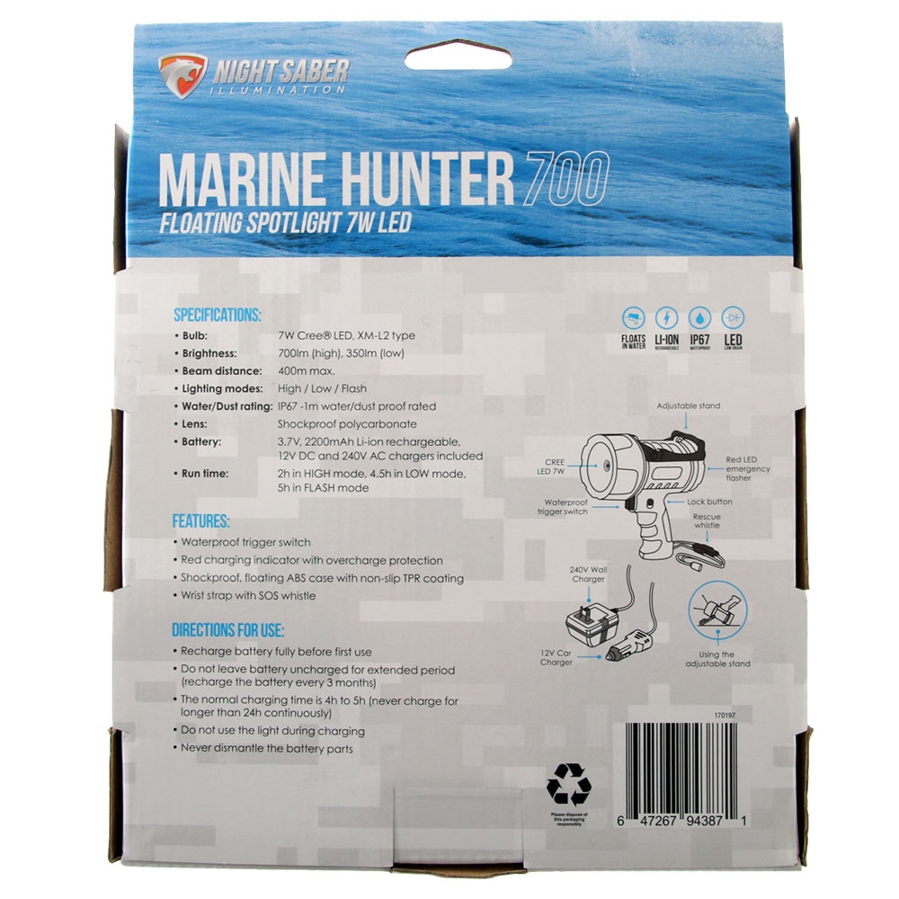 Night Saber Marine Hunter Waterproof Rechargeable Spotlight 700lm