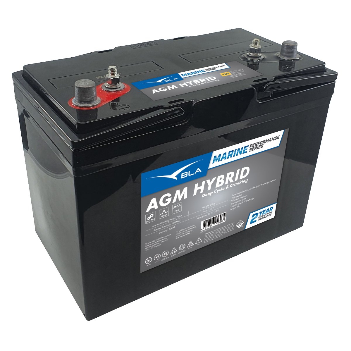 BLA Marine Performance AGM Hybrid Deep Cycle and Cranking Battery 12V 100Ah 720MCA