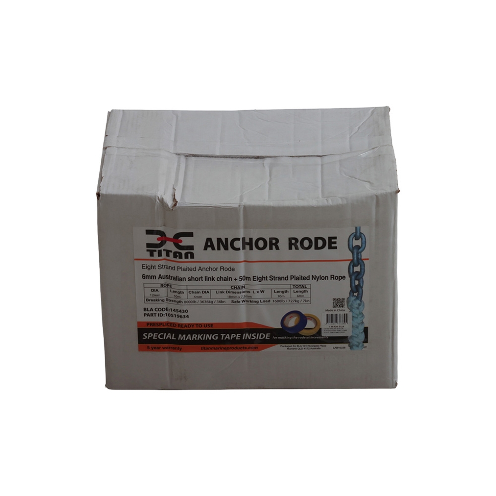 BLA Titan 8 Plait Nylon Anchor Rope with Galvanised Chain 12mm x 50m / 6mm x 10m