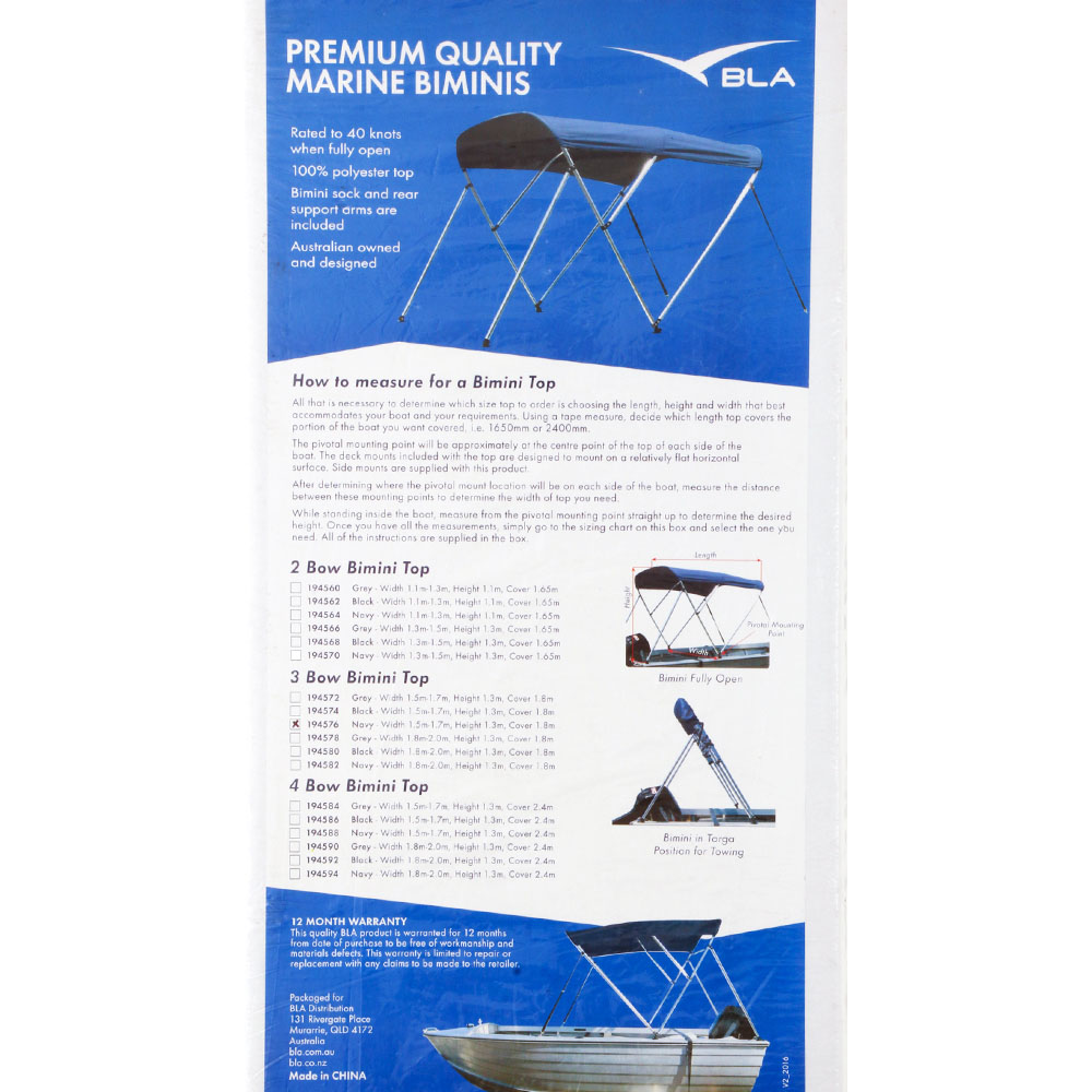 BLA 2 Bow Bimini Top Navy 1.3-1.5 x 1.3m