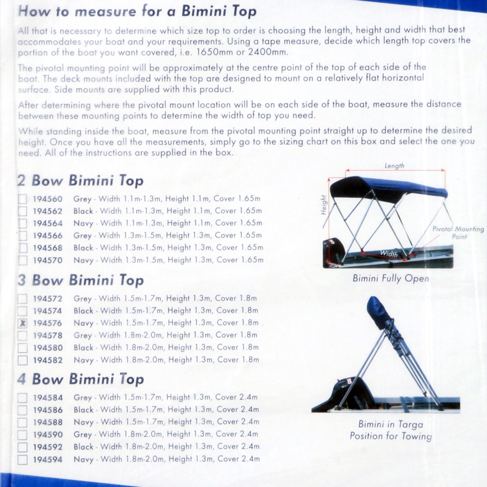 BLA 3 Bow Bimini Top Navy 1.5-1.7 x 1.3m