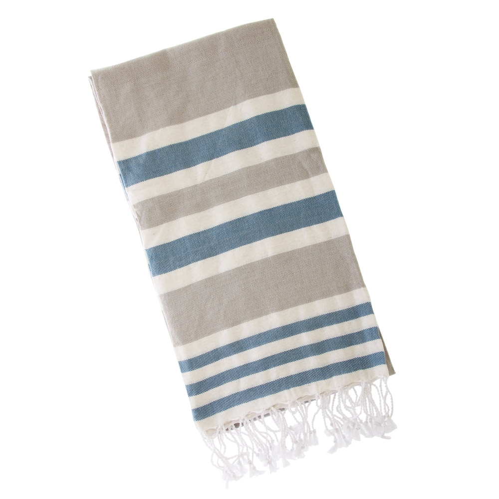 Black Shag Turkish Hand-loomed Flat-Weave Cotton Beach Towel Navy Blue / Taupe Grey