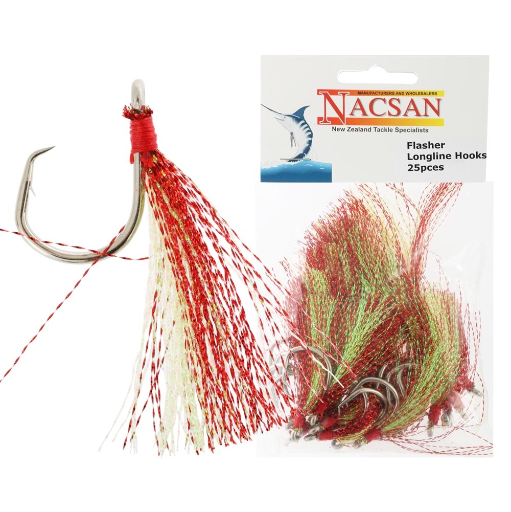 Nacsan Longline Flasher Hooks Size 18 Qty 25 Chartruese Red