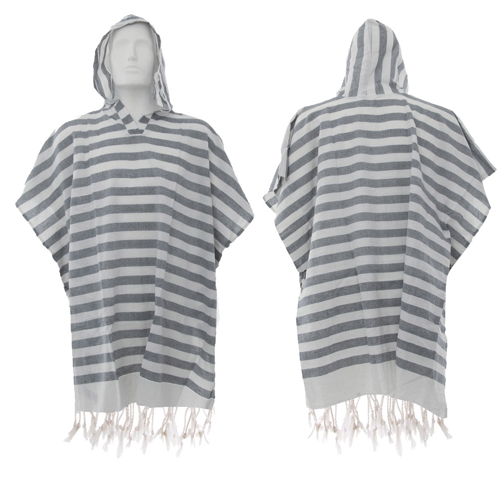 Black Shag Hand-loomed Cotton Beach Fouta Poncho - Grey