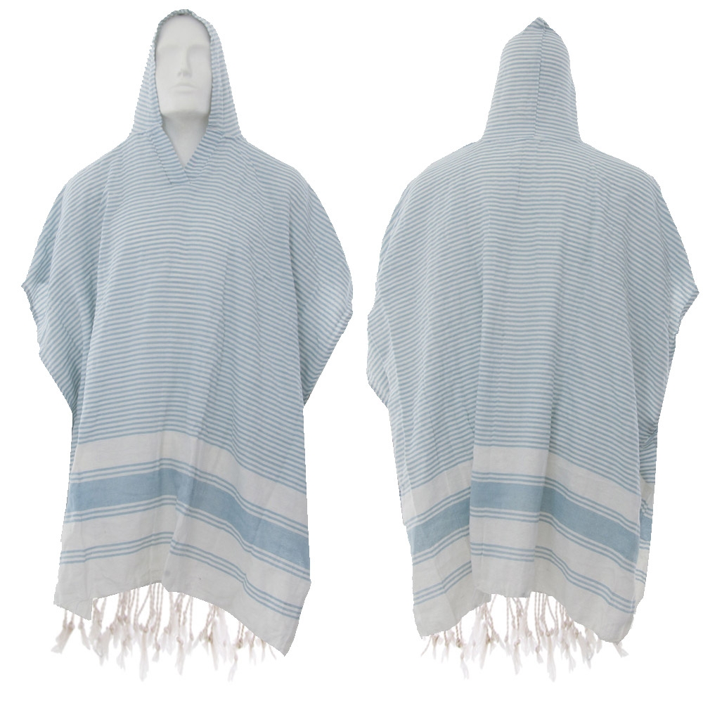 Black Shag Hand-loomed Cotton Beach Fouta Poncho - Blue