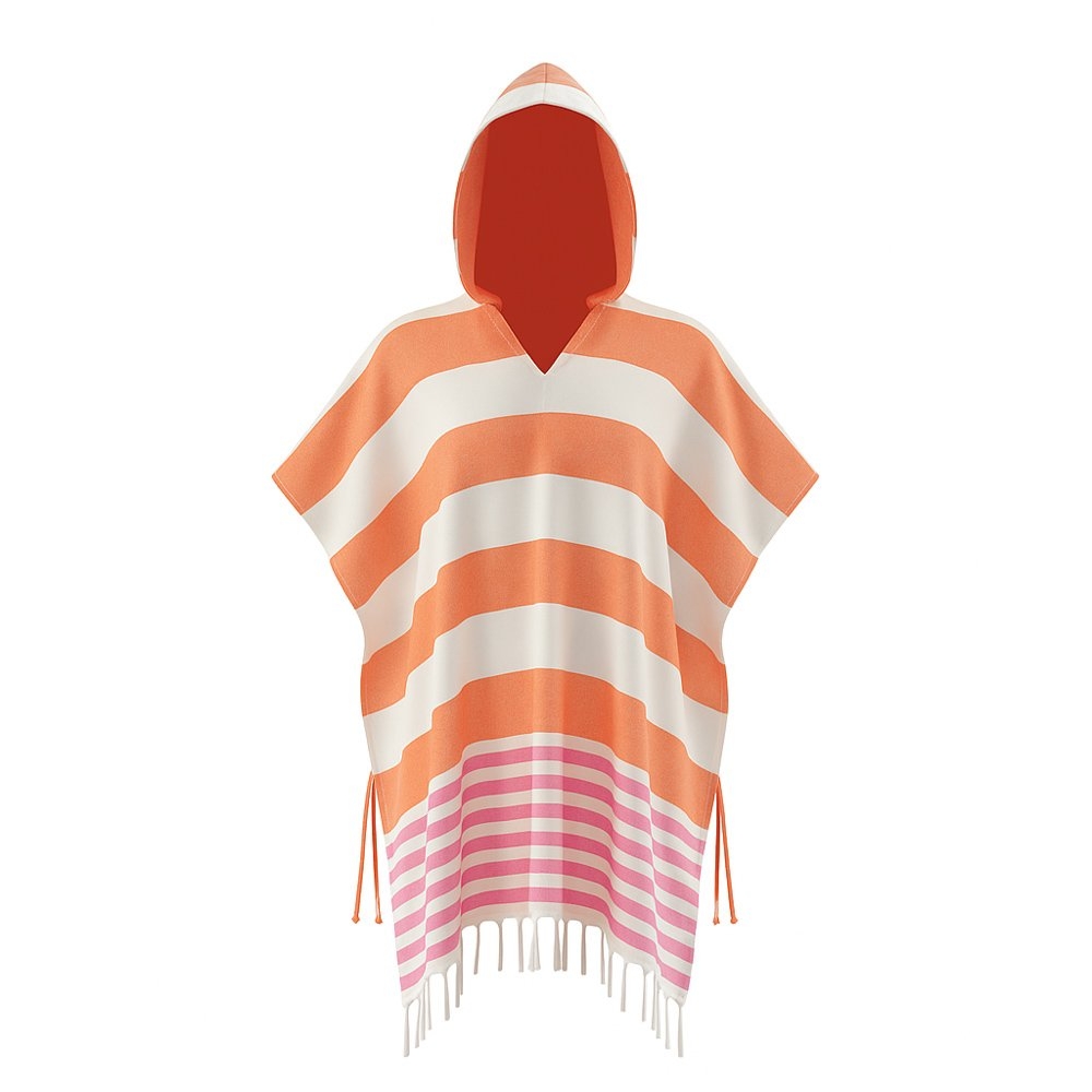 Black Shag Hand-Loomed Cotton Beach Fouta Poncho - Tangerine Orange Red