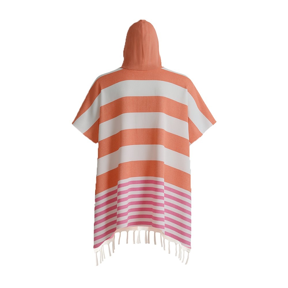Black Shag Hand-Loomed Cotton Beach Fouta Poncho - Tangerine Orange Red