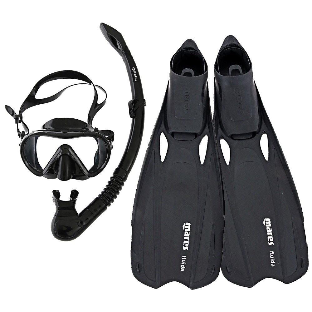Mares Cobia and Fluida Adult Dive Mask Snorkel and Fins Set Black XL / US9.5-10.5 - Brand new - FINS ONLY