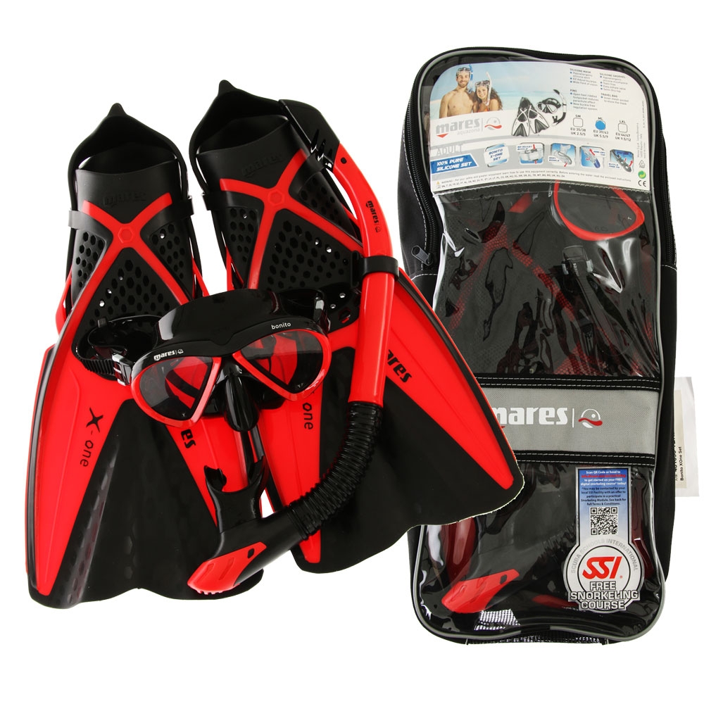 Mares Bonito X-One Adult Dive Mask Snorkel and Fins Set Red/Black S/M