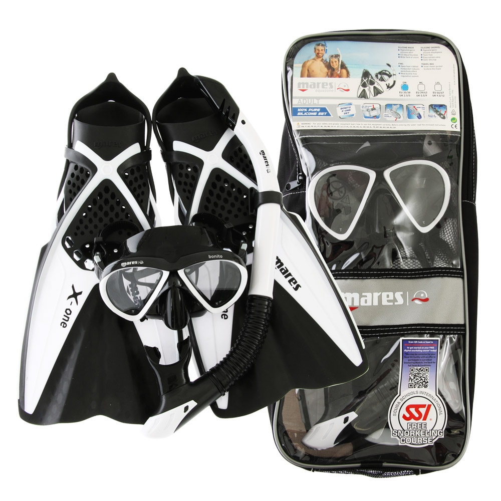 Mares Bonito X-One Adult Dive Mask Snorkel and Fins Set White/Black S/M