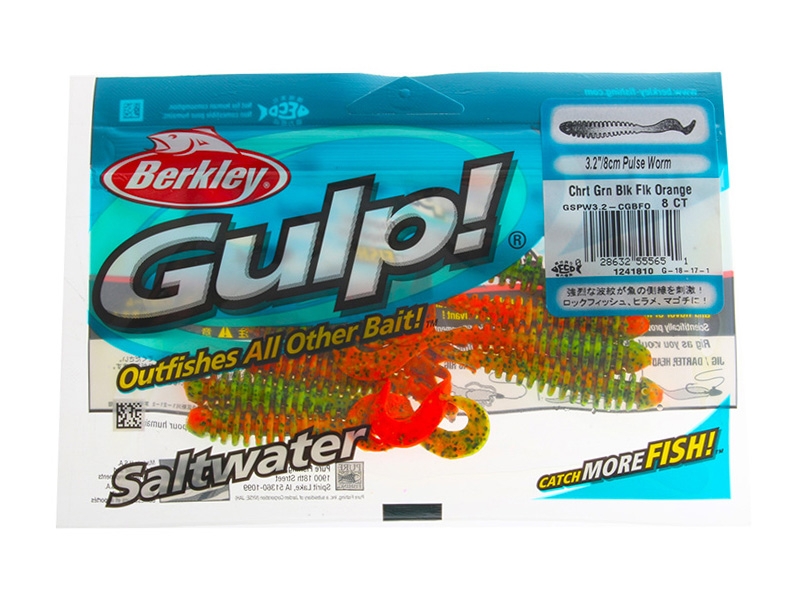 Berkley Gulp Pulse Worm Soft Bait 8cm Qty 8 Chartreuse Green Black Fleck Orange