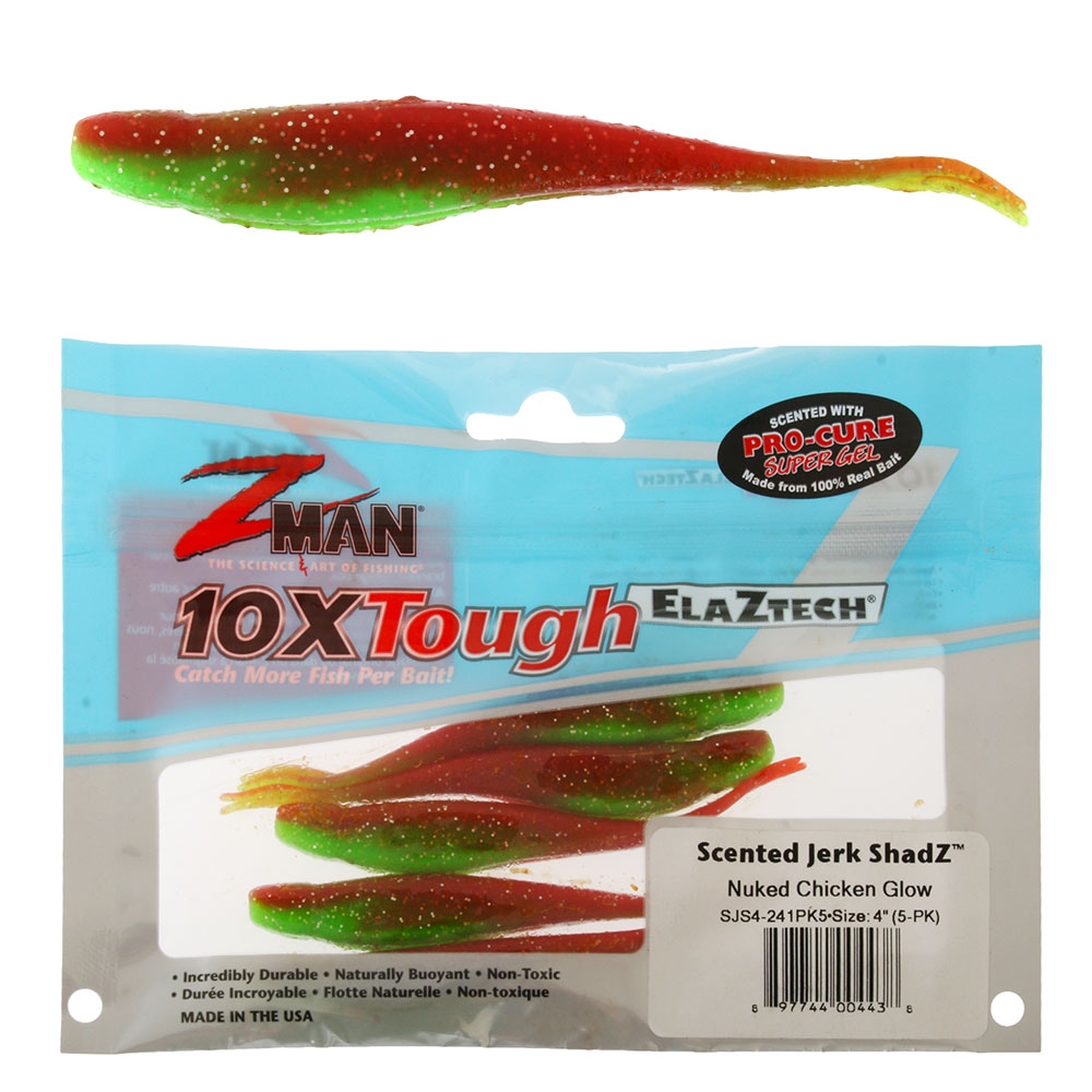 Z-Man Jerk ShadZ Scented Soft Bait 10cm Nuked Chicken Glow Qty 5