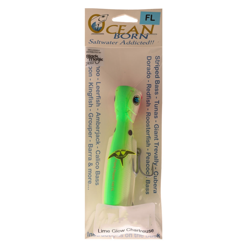 Black Magic Ocean Born Flying Popper Lure - Floating 140mm Lime Glow Chartreuse