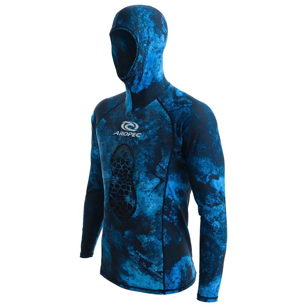 Aropec Neoprene Hooded Mens Spearfishing Wetsuit Top Camo Blue 1mm XL