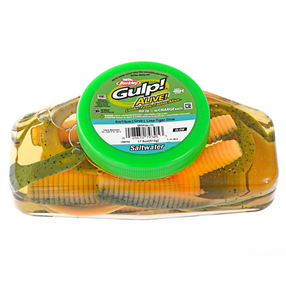 Berkley Gulp Alive Grub Soft Bait Tub 15cm Lime Tiger Glow