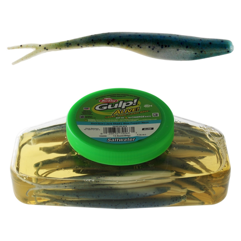 Berkley Gulp Alive Jerk Shad Soft Bait Tub 5in/13cm Blue Pepper Neon