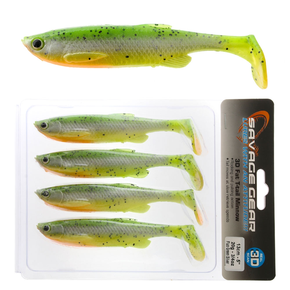 Savage Gear Fat T-Tail Minnow Soft Bait 13cm Fluo Green Silver