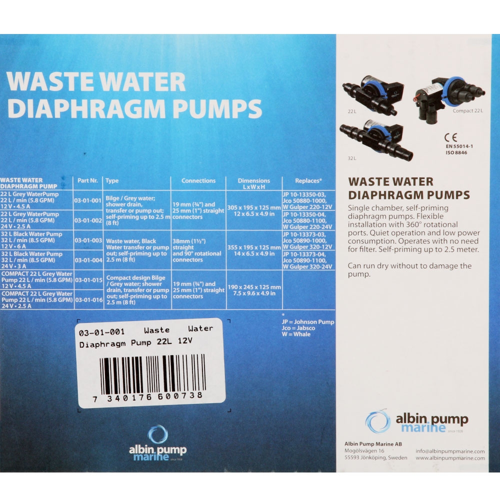 Albin Pump Marine Waste Water Diaphragm Pump 22L 12V
