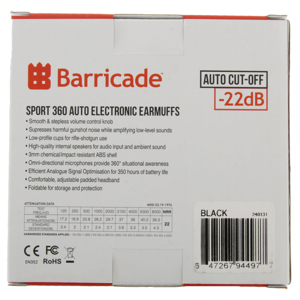 Barricade Sport 360 Auto Electronic Earmuffs -22 dB Black