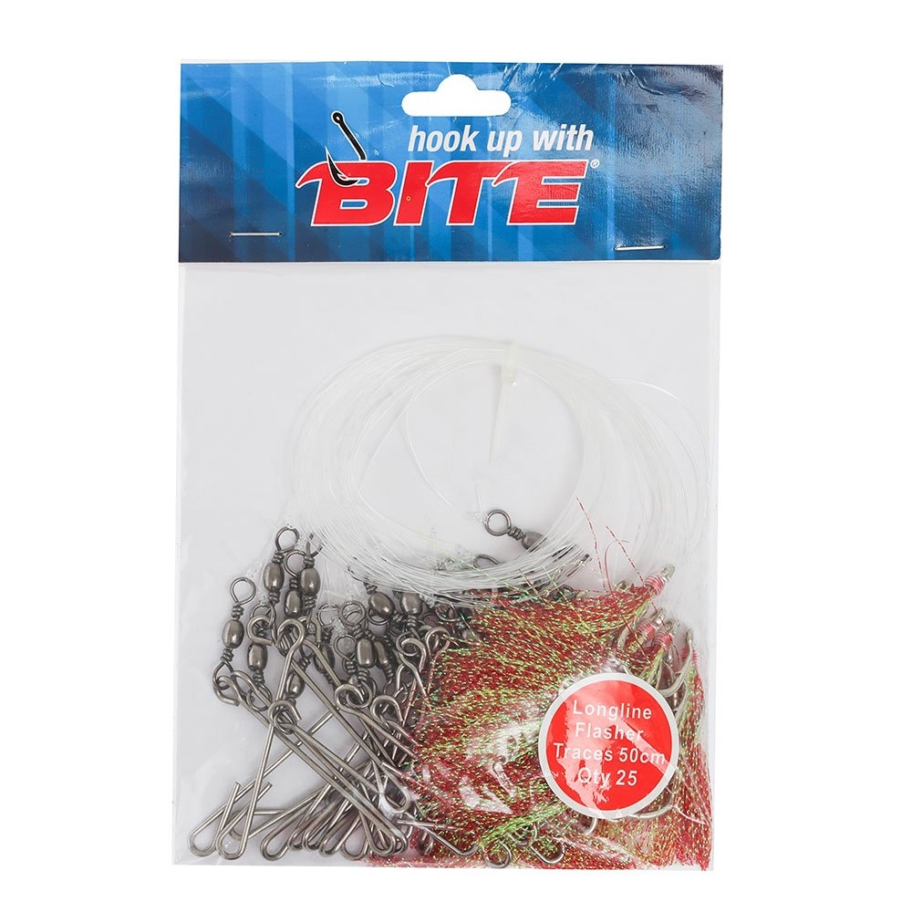 Bite Longline Traces Flasher 50cm Qty 25