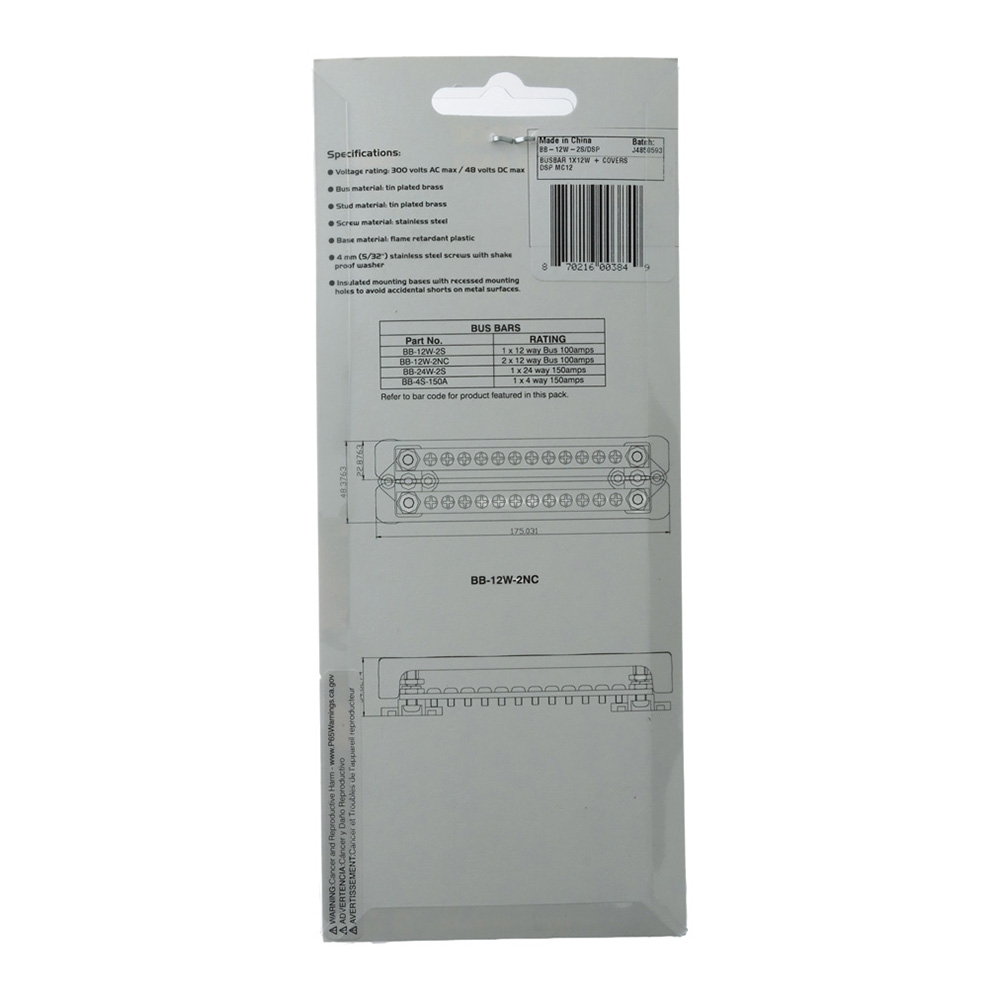 BEP 12-Way Bus Bar with 2 Input Studs and Cover 100A