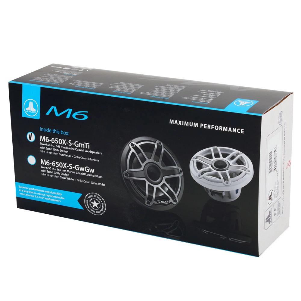 JL Audio M6-650X-S-GmTi 6.5in Marine Coaxial Speakers Gunmetal Trim Ring/Titanium Sport Grille JL Audio M6-650X-S-GmTi 6.5in Marine Coaxial Speakers Gunmetal Trim Ring/Titanium Sport Grille