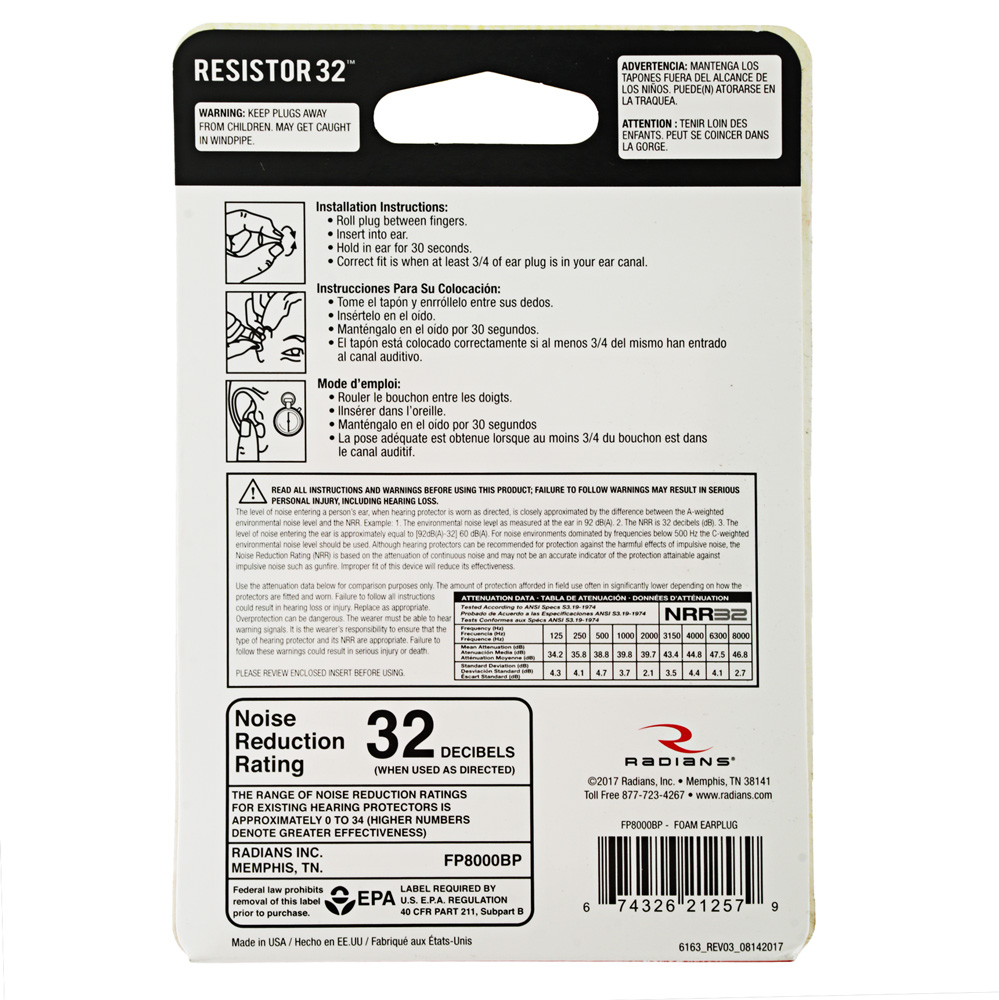 Radians Foam Earplugs 6 Pairs