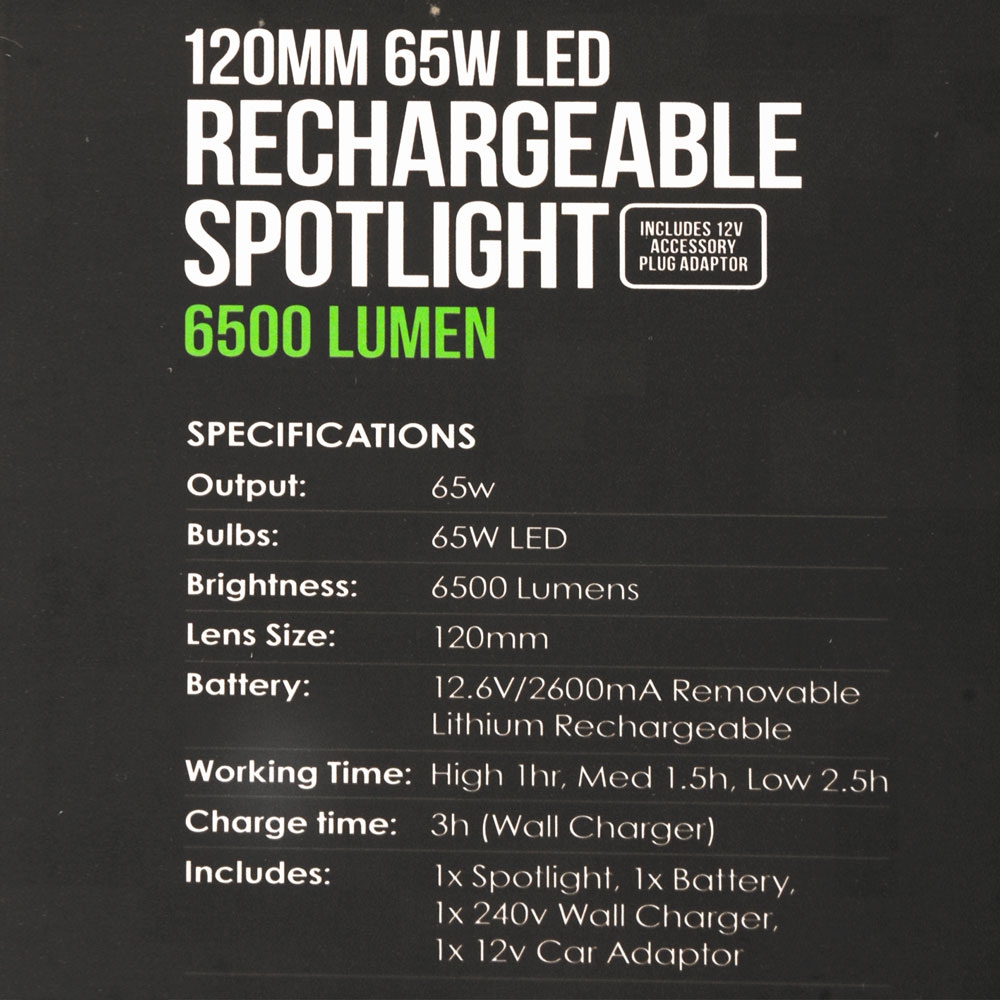 Night Saber 6500lm Rechargeable Handheld LED Spotlight 120mm 65w