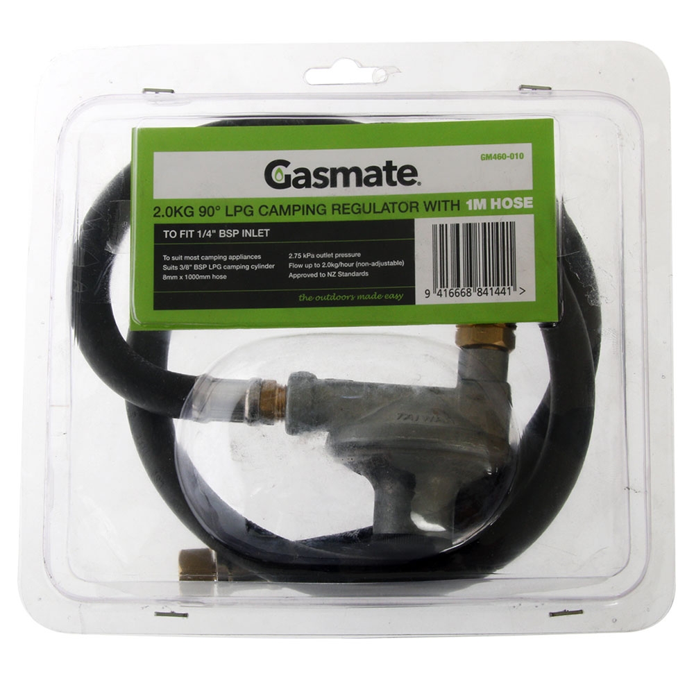 Gasmate 2kg 90deg LPG Camping Regulator 1.0m Hose