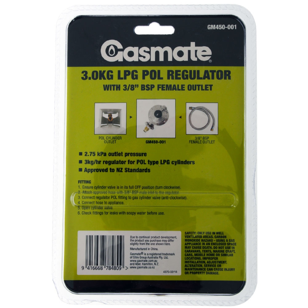 Gasmate 3kg LPG POL Regulator R3.00-P-42