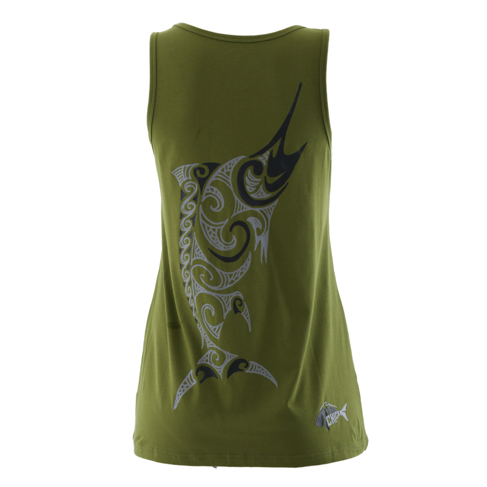 Fisherchick Te Moko Marlin Womens Singlet Army Green Small