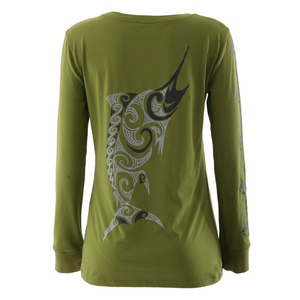Fisherchick Te Moko Marlin Womens Long Sleeve Shirt Army Green 2XL