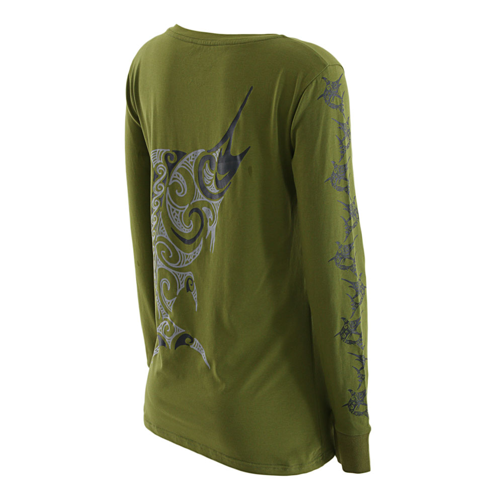 Fisherchick Te Moko Marlin Womens Long Sleeve Shirt Army Green XL
