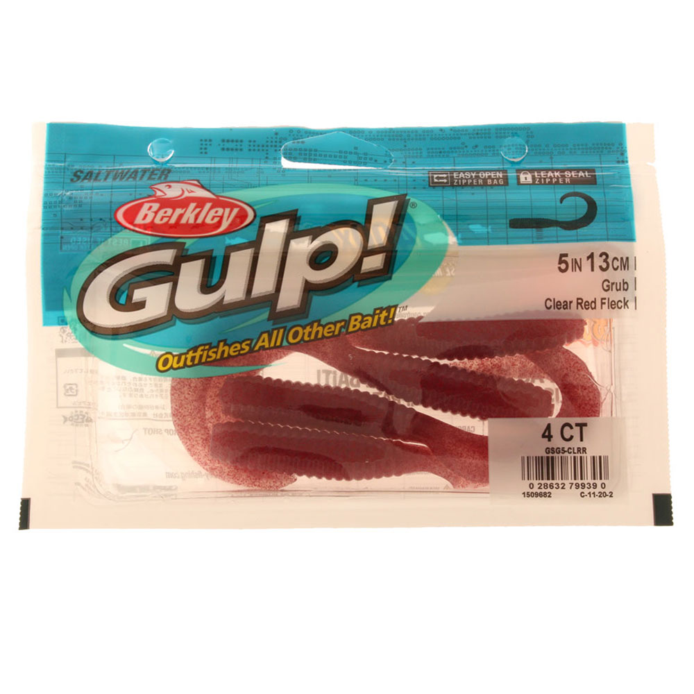Berkley Gulp Grub Soft Bait 5in/13cm Qty 4 Clear Red Fleck