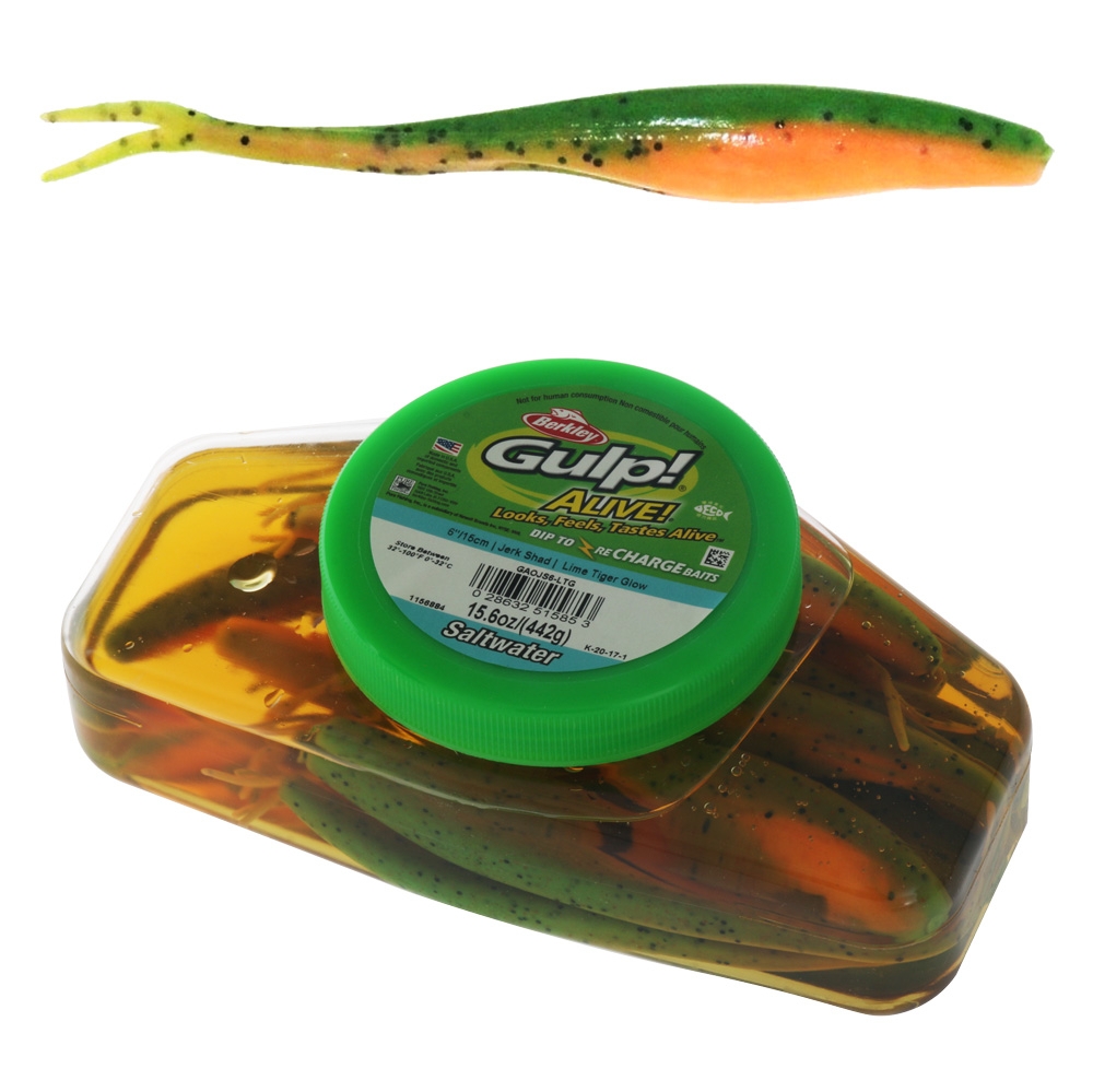 Berkley Gulp Alive Jerk Shad Soft Bait Tub 15cm Lime Tiger Glow
