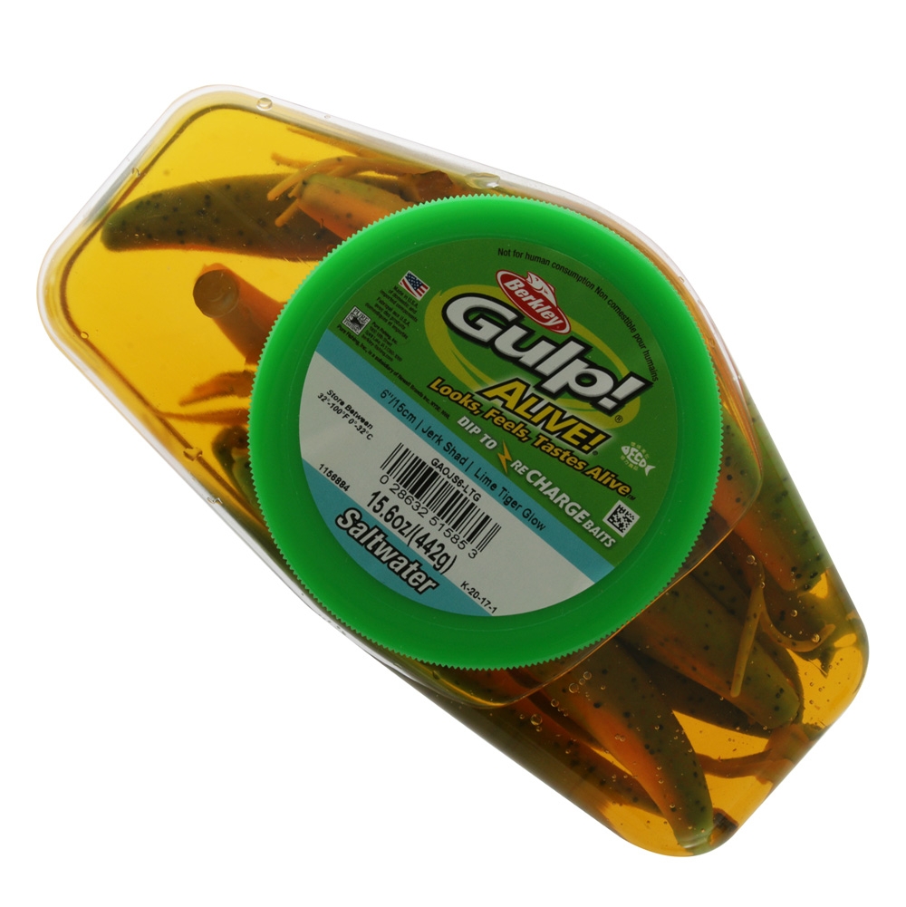 Berkley Gulp Alive Jerk Shad Soft Bait Tub 15cm Lime Tiger Glow