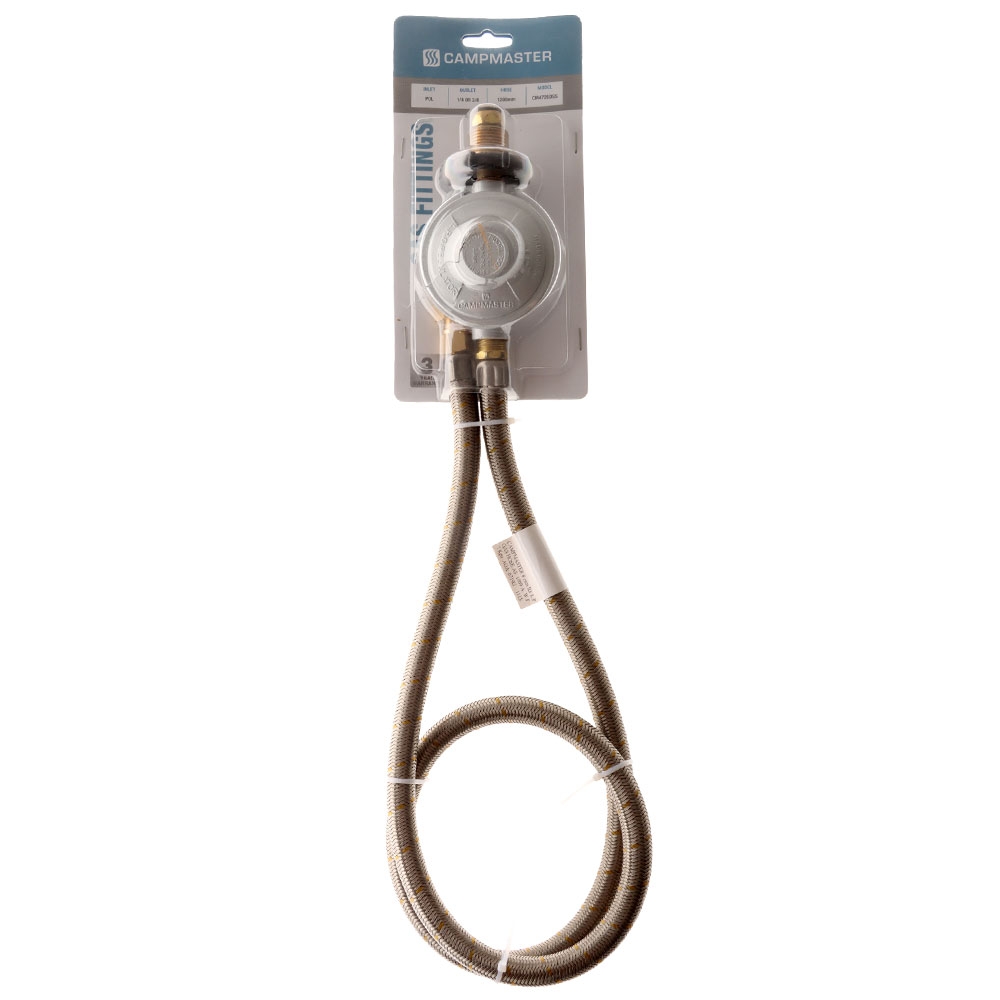 Campmaster BSP Gas Regulator POL Regulator 1200mm and Stainless Steel Hose 1/4in