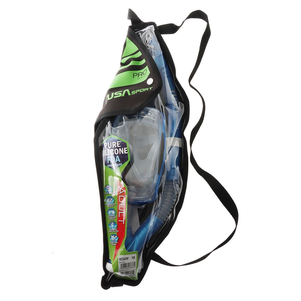 TUSA Sport Imprex 3-D Silicone Dry Adult Dive Mask and Snorkel Set Fishtail Blue