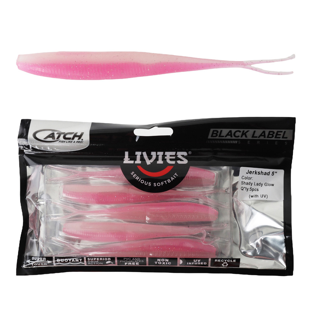 Catch Black Label Livies Jerkshad Soft Bait 5in Shady Lady Glow Qty 5