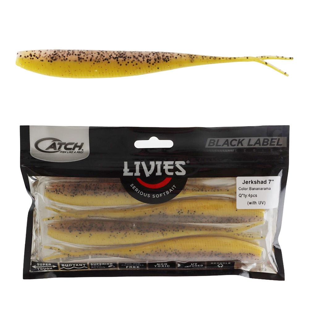 Catch Black Label Livies Jerkshad Soft Bait 7in Bananarama Qty 4