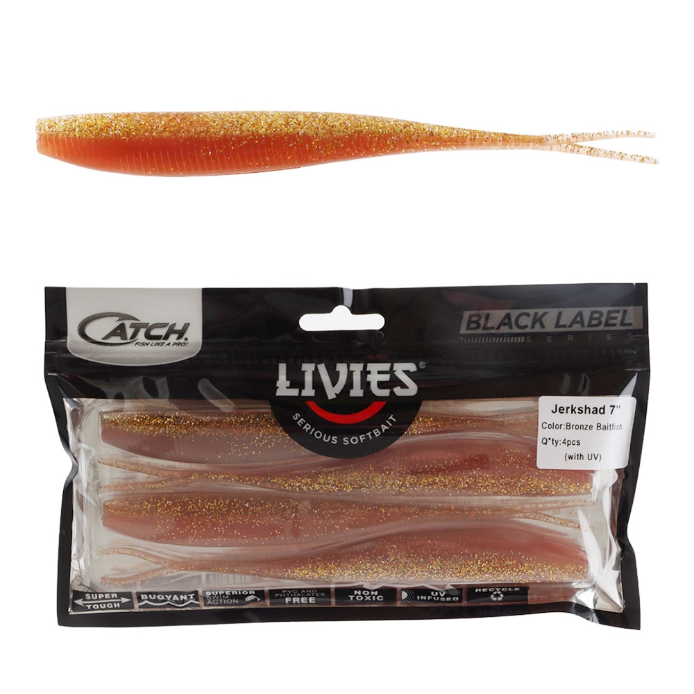 Catch Black Label Livies Jerkshad Soft Bait 7in Bronze Baitfish Qty 4