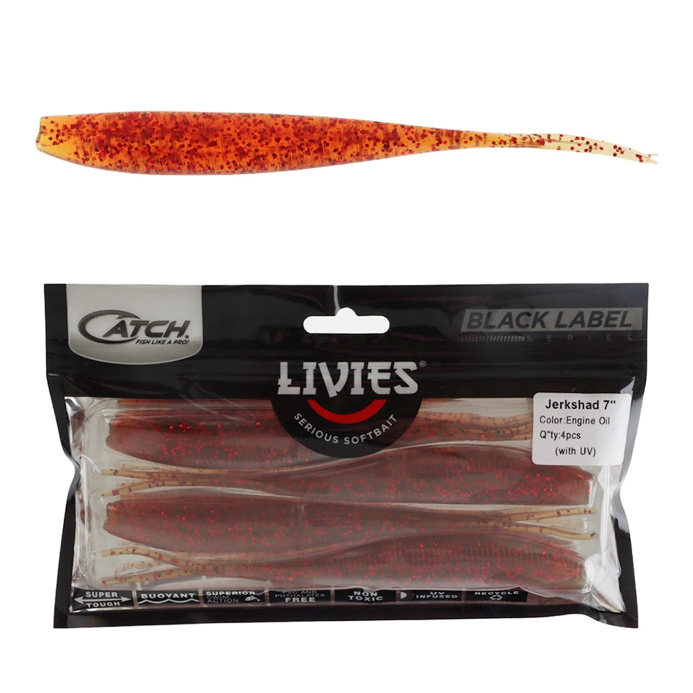 Catch Black Label Livies Jerkshad Soft Bait 7in Engine Oil Qty 4