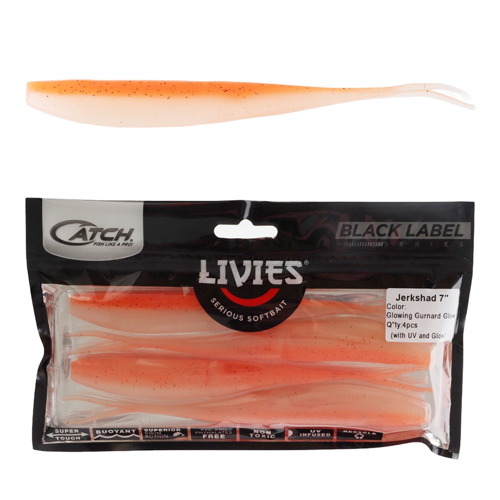 Catch Black Label Livies Jerkshad Soft Bait 7in Glowing Gurnard Glow Qty 4