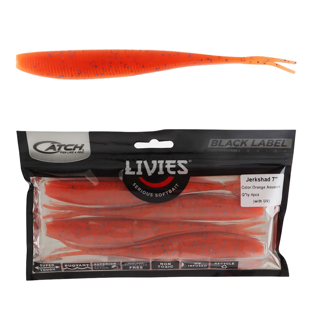 Catch Black Label Livies Jerkshad Soft Bait 7in Orange Assassin Qty 4